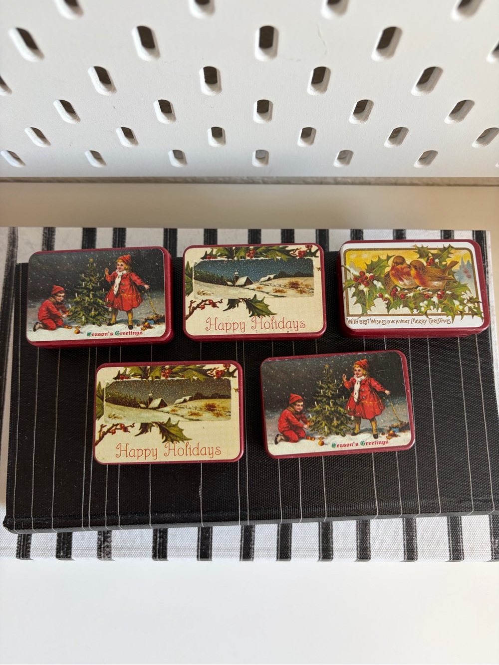 Vintage Holiday Decorative Tin Set - Red and Cream Vintage Greeting Design